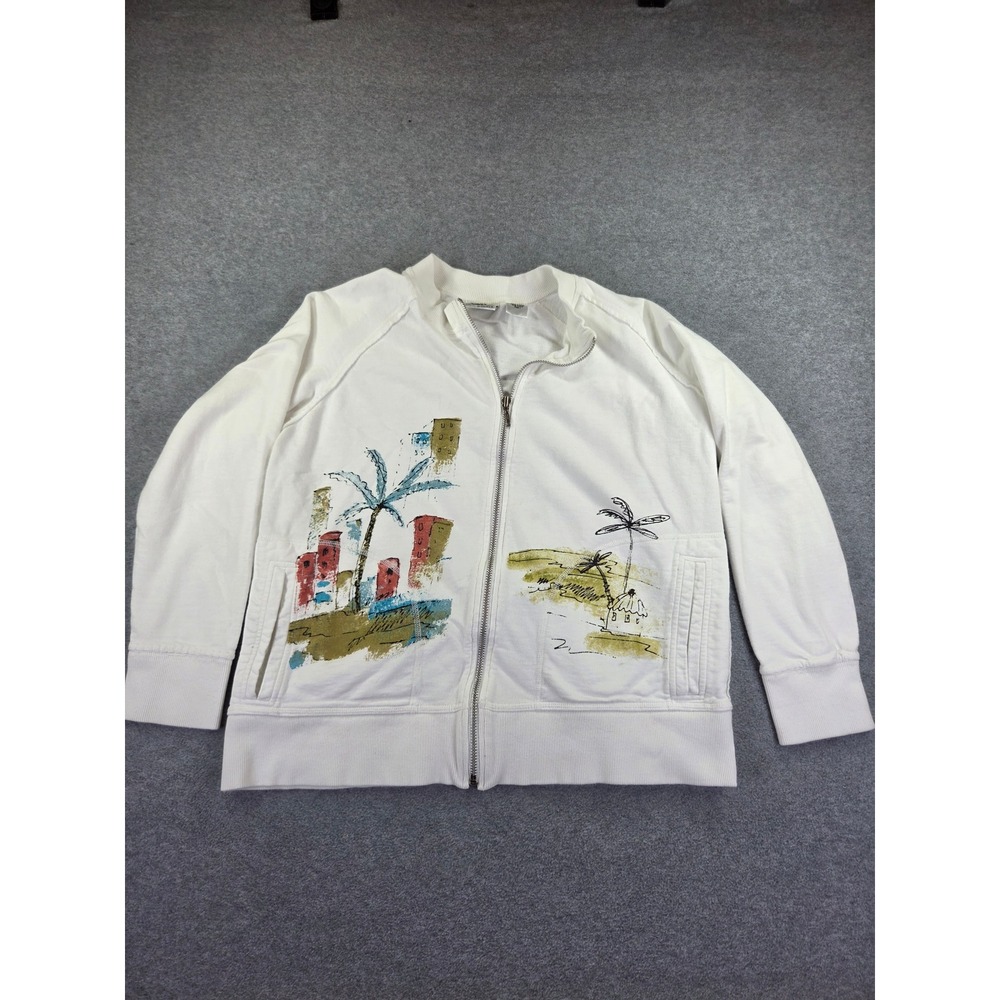 Spa by Chicos Womens Size 1 Medium White Tropical Watercolor Full Zip Sweatshirt